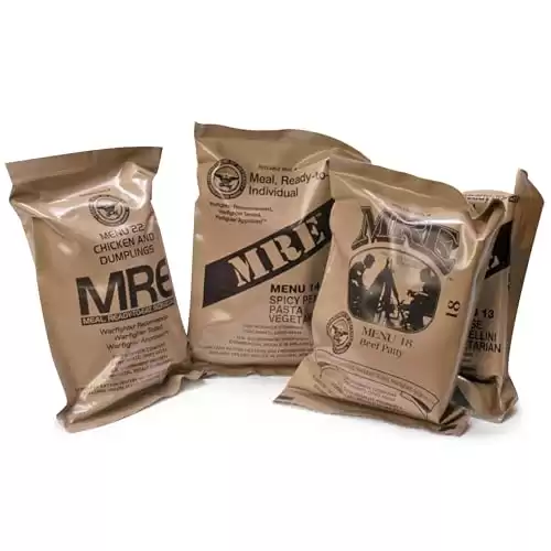 Meals Ready to Eat Surplus (Pack of 4) MRE Emergency Food Rations w/Assorted Flavors for Camping, Survival & More