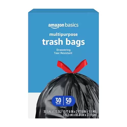 Amazon Basics Multipurpose Drawstring Trash Bags, Unscented, 30 Gallon, 50 Count, Pack of 1