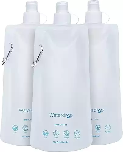 Waterdrop Water Pouch for Drinking, Hiking Water Bag, Pouch Water Bottle, Compatible with Filter Straw, Reuseable, Foldable, BPA-Free, 16 oz, Pack of 3