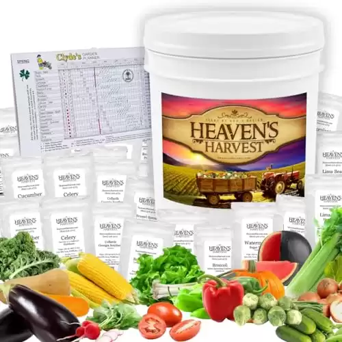 Heaven's Harvest 10 Year Garden Survival Seed Bank Kit | Over 25k Non-GMO Heirloom Vegetable Survival Seeds + 2 Free Bonus Items: Clyde s Garden Planner + Seed Vault Storage Drum for 10 Years