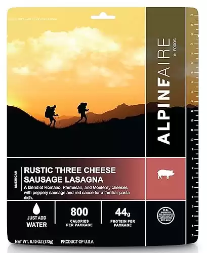 AlpineAire Foods Rustic Three Cheese Sausage Lasagna, Freeze-Dried/Dehydrated, Entrée Meal Pouch, Just add Water, Black