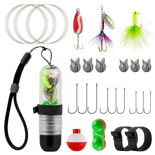 Dr. Fish 25 Pieces Pocket Reel Survival Fishing Kit Line Jig Head Hook Spoon Spinner Bait Hiking Camping Fishing Tool