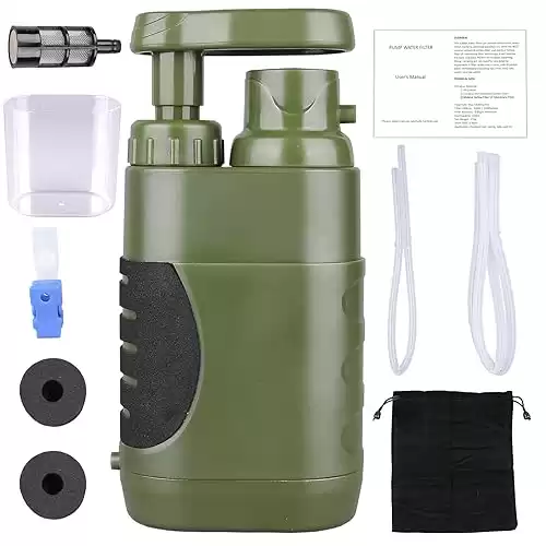 Portable Hand Pump Water Filter,100,000 Gallons Camping Water Filter Survival, 3-Grade Backpacking Water Filter System 0.01μm Camping Water Purifier for Family-Outdoor, Emergency