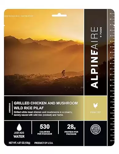 AlpineAire Foods Grilled Chicken and Mushroom Wild Rice Pilaf, Freeze-Dried/Dehydrated, Entrée Meal Pouch, Just add Water, Black