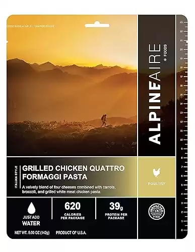 AlpineAire Foods Grilled Chicken Quattro Formaggi Pasta, Freeze-Dried/Dehydrated, Entrée Meal Pouch, Just add Water, Black