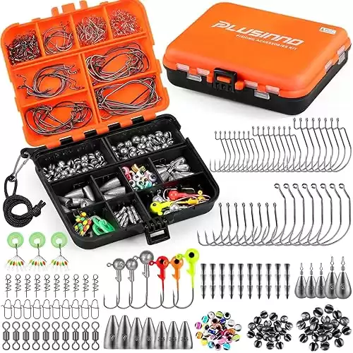 PLUSINNO 201pcs Fishing Accessories Kit, Fishing Tackle Box with Tackle Included, Fishing Hooks, Fishing Weights, Round Split Shot Fishing Gear for Bass, Trout, Catfish