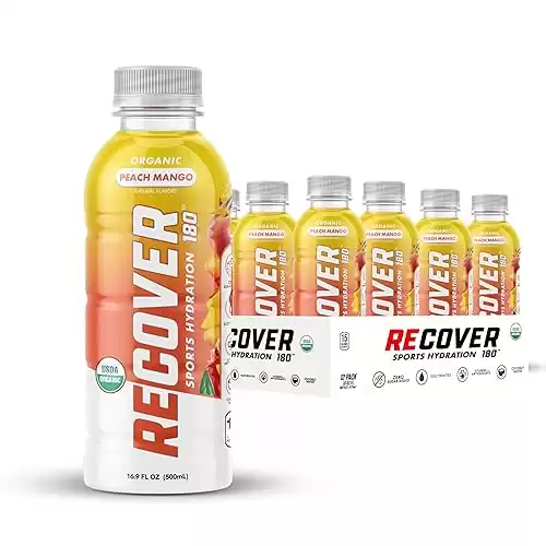 RECOVER 180 Organic Hydration Sports Drink, No Sugar Added, 15 Calorie Sports Beverage, Organic Flavors With Vitamins, Potassium-Packed Electrolytes (16.9 Fl Oz (Pack of 12), Peach Mango)